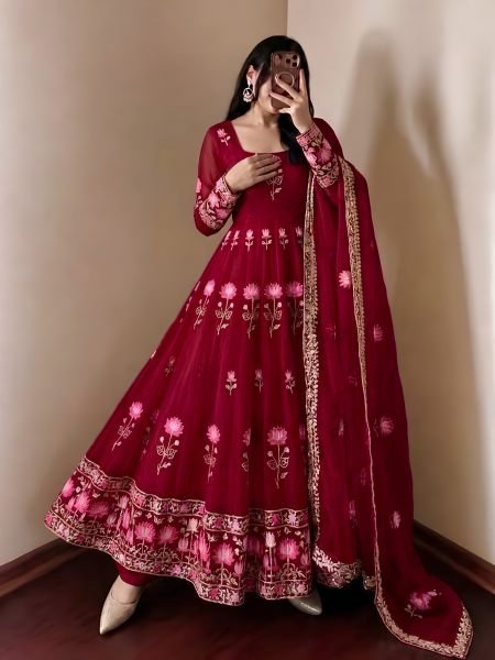 Exquisite Maroon Designer Fendy Silk Gown with 3.5 Meter Flair at Manufacturer  