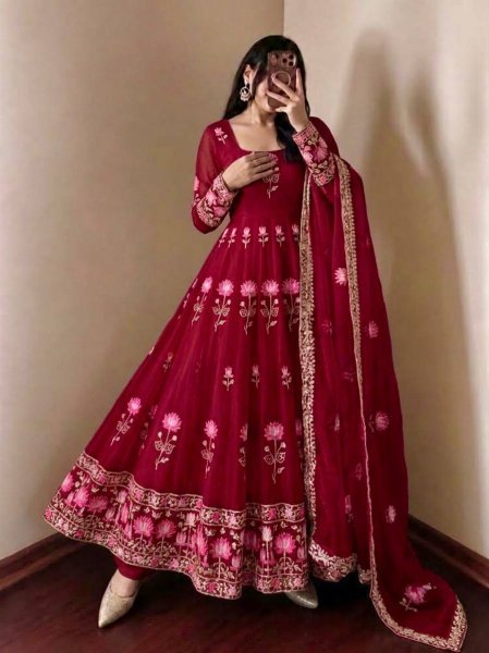 Exquisite Maroon Designer Fendy Silk Gown with 3.5 Meter Flair at Manufacturer  Ready To Wear Collection