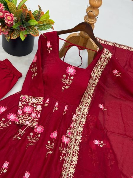 Exquisite Maroon Designer Fendy Silk Gown with 3.5 Meter Flair at Manufacturer  Ready To Wear Collection