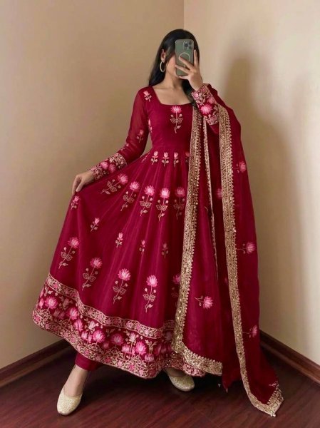 Exquisite Maroon Designer Fendy Silk Gown with 3.5 Meter Flair at Manufacturer  Ready To Wear Collection