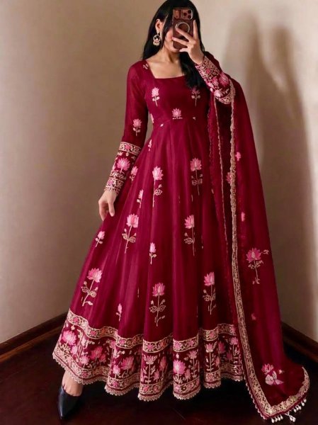 Exquisite Maroon Designer Fendy Silk Gown with 3.5 Meter Flair at Manufacturer  Ready To Wear Collection