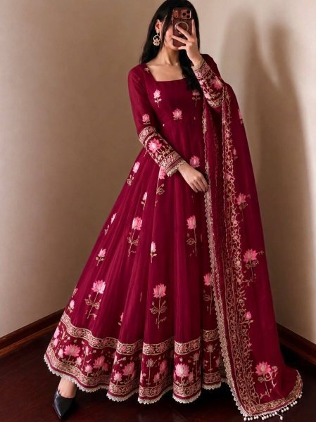 Exquisite Maroon Designer Fendy Silk Gown with 3.5 Meter Flair at Manufacturer  Ready To Wear Collection