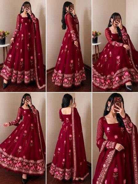 Exquisite Maroon Designer Fendy Silk Gown with 3.5 Meter Flair at Manufacturer  Ready To Wear Collection