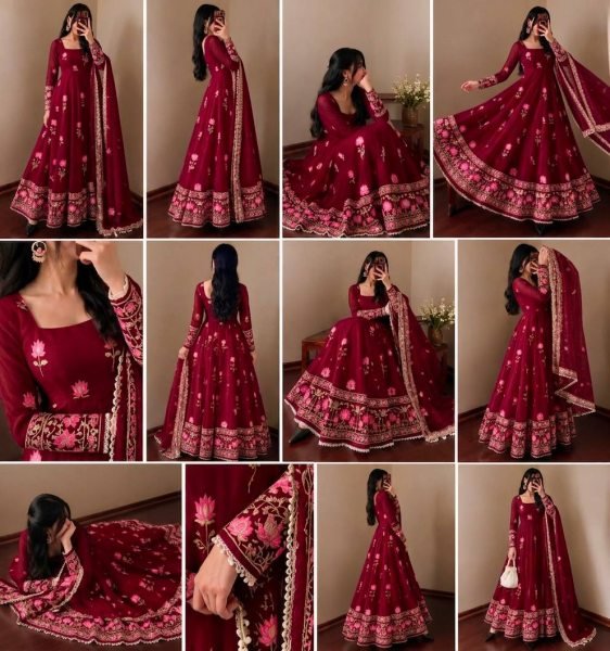 Exquisite Maroon Designer Fendy Silk Gown with 3.5 Meter Flair at Manufacturer  Ready To Wear Collection