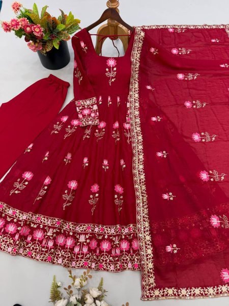 Exquisite Maroon Designer Fendy Silk Gown with 3.5 Meter Flair at Manufacturer  Ready To Wear Collection