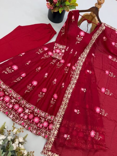 Exquisite Maroon Designer Fendy Silk Gown with 3.5 Meter Flair at Manufacturer  Ready To Wear Collection