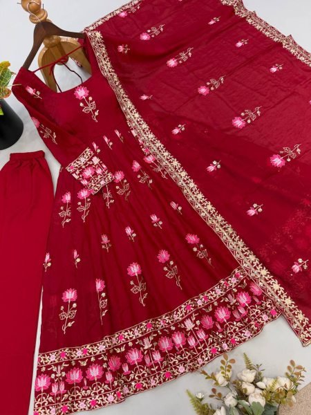 Exquisite Maroon Designer Fendy Silk Gown with 3.5 Meter Flair at Manufacturer  Ready To Wear Collection