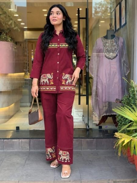 Exquisite Maroon Designer Pure Rayon Co Ord Set with Embroidered Top and Bottom 