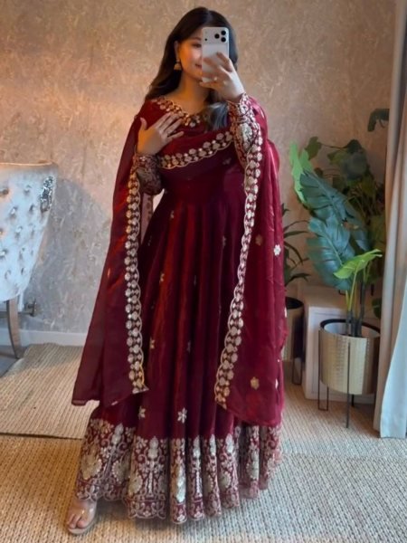 Exquisite Maroon Fendy Silk Anarkali Suit with Thread and Sequin Work for Wedding Wear Ready To Wear Suit