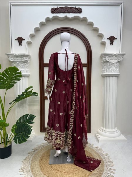 Exquisite Maroon Fendy Silk Anarkali Suit with Thread and Sequin Work for Wedding Wear Ready To Wear Collection