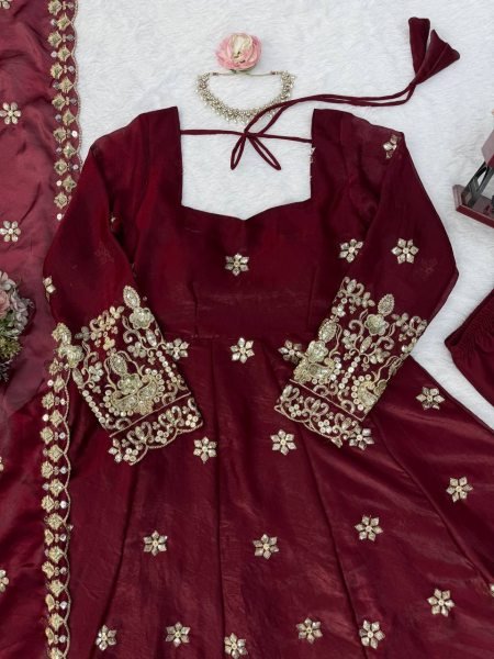 Exquisite Maroon Fendy Silk Anarkali Suit with Thread and Sequin Work for Wedding Wear Ready To Wear Collection