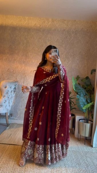 Exquisite Maroon Fendy Silk Anarkali Suit with Thread and Sequin Work for Wedding Wear Ready To Wear Collection