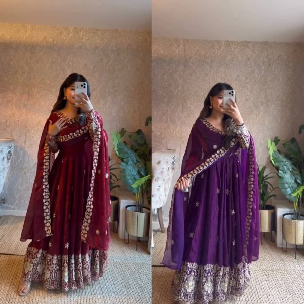Exquisite Maroon Fendy Silk Anarkali Suit with Thread and Sequin Work for Wedding Wear Ready To Wear Collection