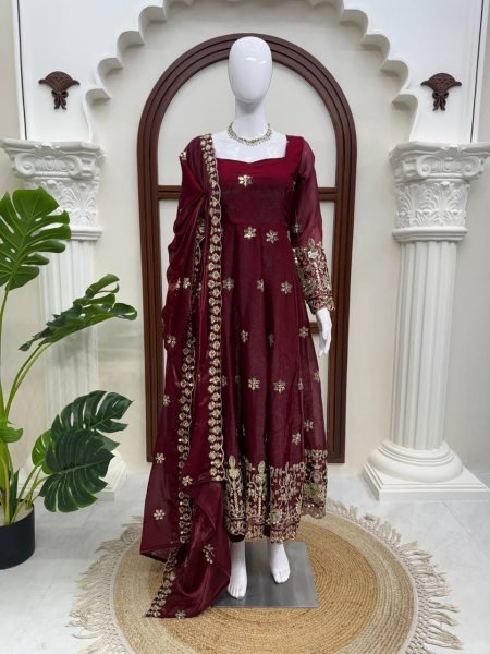 Exquisite Maroon Fendy Silk Anarkali Suit with Thread and Sequin Work for Wedding Wear Ready To Wear Collection