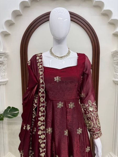 Exquisite Maroon Fendy Silk Anarkali Suit with Thread and Sequin Work for Wedding Wear Ready To Wear Collection