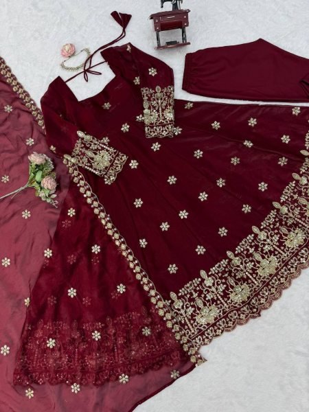 Exquisite Maroon Fendy Silk Anarkali Suit with Thread and Sequin Work for Wedding Wear Ready To Wear Collection
