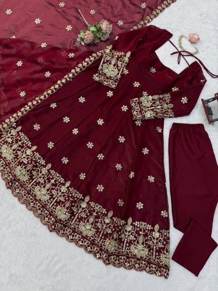 Exquisite Maroon Fendy Silk Anarkali Suit with Thread and Sequin Work for Wedding Wear Ready To Wear Collection
