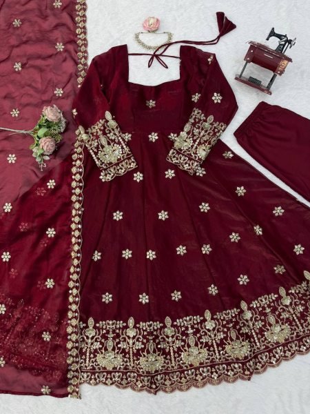 Exquisite Maroon Fendy Silk Anarkali Suit with Thread and Sequin Work for Wedding Wear Ready To Wear Collection