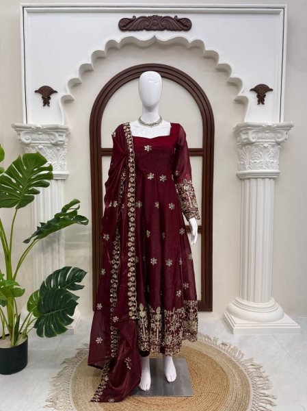 Exquisite Maroon Fendy Silk Anarkali Suit with Thread and Sequin Work for Wedding Wear Ready To Wear Collection