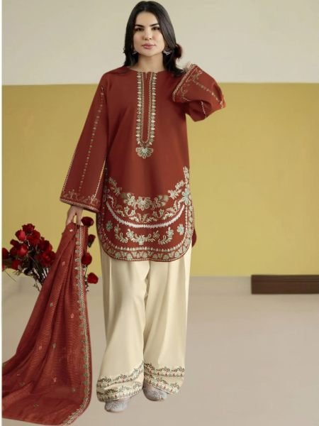 Exquisite Maroon Heavy Roman Silk Embroidered Top Bottom Dupatta Set at Wholesale Rate Salwar Kameez