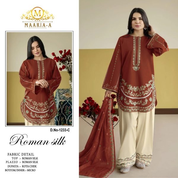 Exquisite Maroon Heavy Roman Silk Embroidered Top Bottom Dupatta Set at Wholesale Rate Designer Plazzo Salwar Suits Wholesale