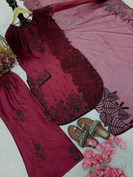 Exquisite Maroon Satin Rayon Palazzo Suit with Organza Dupatta for Party Wear Ready To Wear Collection