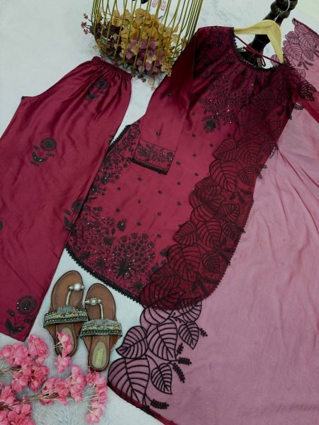 Exquisite Maroon Satin Rayon Palazzo Suit with Organza Dupatta for Party Wear Ready To Wear Collection