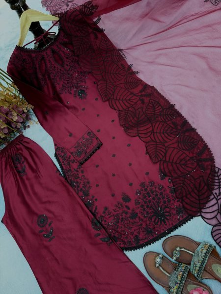 Exquisite Maroon Satin Rayon Palazzo Suit with Organza Dupatta for Party Wear Ready To Wear Collection