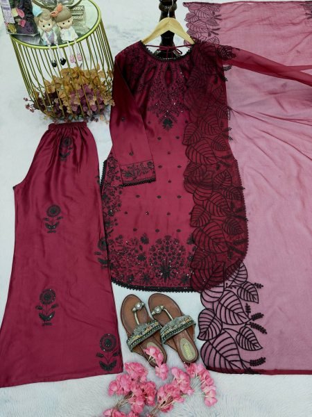 Exquisite Maroon Satin Rayon Palazzo Suit with Organza Dupatta for Party Wear Ready To Wear Collection
