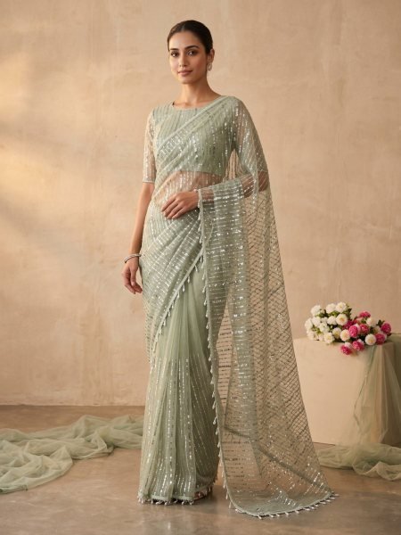 Exquisite Mint Green Party Wear Soft Net Saree with Original Beads Work for Women Sarees 
