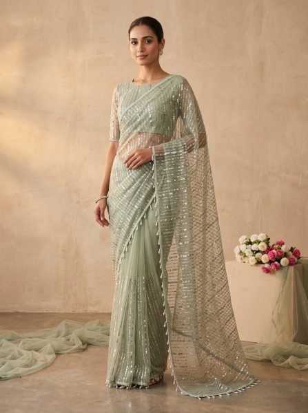 Exquisite Mint Green Party Wear Soft Net Saree with Original Beads Work for Women Bollywood Fancy Sarees Wholesale