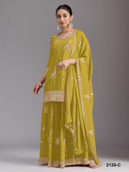 Exquisite Olive Green Heavy Chinon Silk Top Bottom Dupatta Set with Sequence Work 