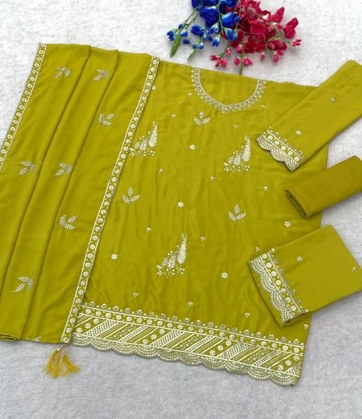 Exquisite Olive Green Heavy Chinon Silk Top Bottom Dupatta Set with Sequence Work Designer Plazzo Salwar Suits Wholesale