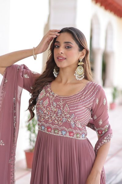 Exquisite Onion Purple Faux Blooming Sequins   Beads Embroidered Gown with Lace Dupatta for Wedding Wear  Anarkali Kurtis 
