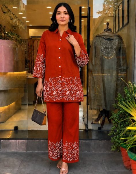 Exquisite Orange Boutique Finish Rayon Embroidered Top and Palazzo Set at Direct Mill Price CO ORD Sets