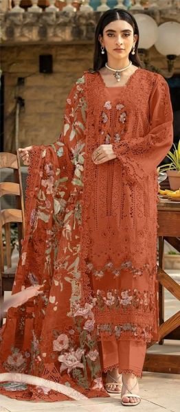 Exquisite Orange Cotton Chikankari Embroidered Suit with Premium Dupatta Design Pakistani Suits Wholesale