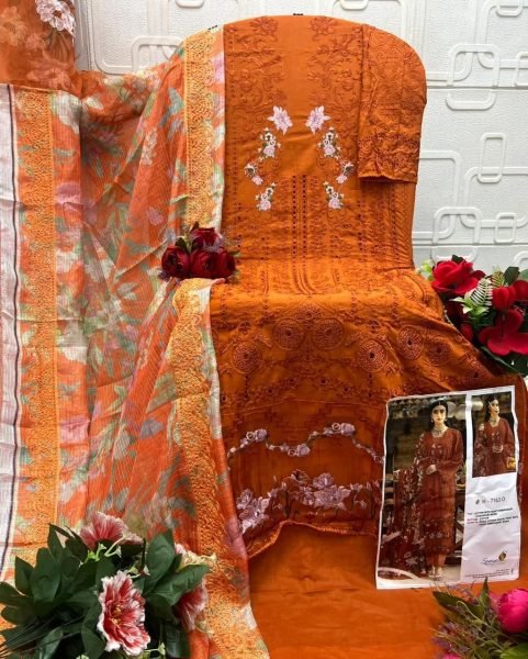 Exquisite Orange Cotton Chikankari Embroidered Suit with Premium Dupatta Design Pakistani Suits Wholesale
