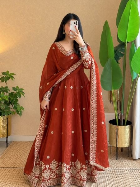 Exquisite Orange Fendy Silk Sequin Embroidered Gown with Micro Cotton Pant 