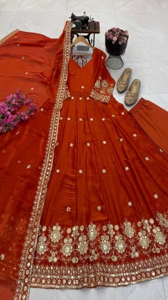 Exquisite Orange Fendy Silk Sequin Embroidered Gown with Micro Cotton Pant Ready To Wear Collection