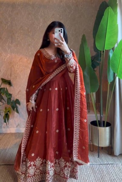 Exquisite Orange Fendy Silk Sequin Embroidered Gown with Micro Cotton Pant Ready To Wear Collection