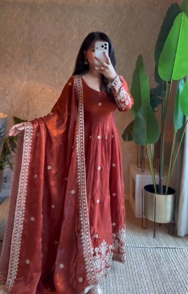 Exquisite Orange Fendy Silk Sequin Embroidered Gown with Micro Cotton Pant Ready To Wear Collection