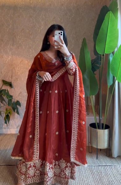 Exquisite Orange Fendy Silk Sequin Embroidered Gown with Micro Cotton Pant Ready To Wear Collection