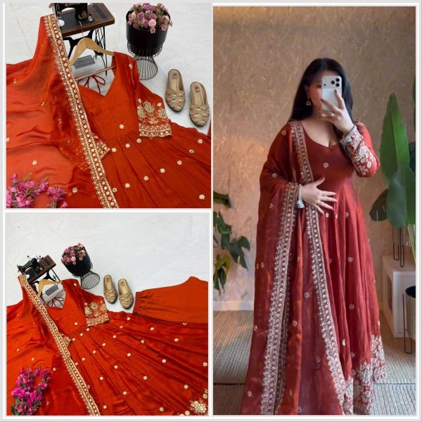 Exquisite Orange Fendy Silk Sequin Embroidered Gown with Micro Cotton Pant Ready To Wear Collection