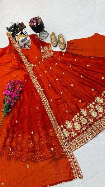 Exquisite Orange Fendy Silk Sequin Embroidered Gown with Micro Cotton Pant Ready To Wear Collection
