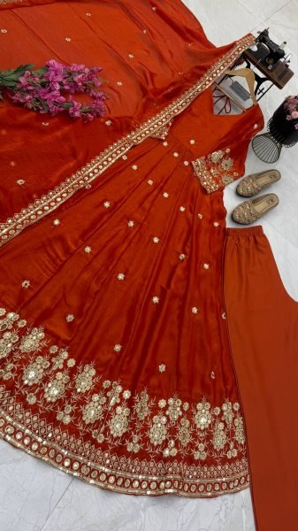 Exquisite Orange Fendy Silk Sequin Embroidered Gown with Micro Cotton Pant Ready To Wear Collection