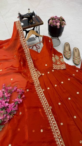 Exquisite Orange Fendy Silk Sequin Embroidered Gown with Micro Cotton Pant Ready To Wear Collection