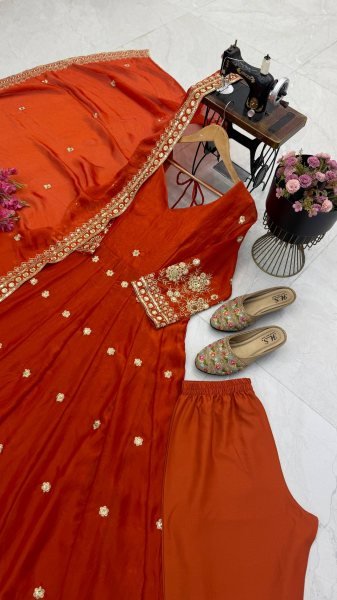 Exquisite Orange Fendy Silk Sequin Embroidered Gown with Micro Cotton Pant Ready To Wear Collection