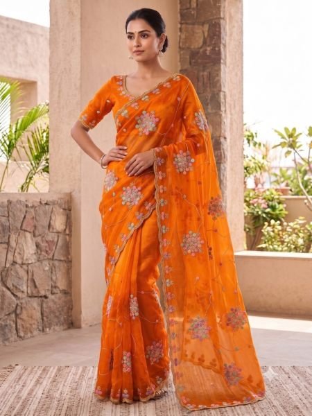 Exquisite Orange Floral Motifs Beads Wok Saree With Unstitch Blouse for Bulk Order 