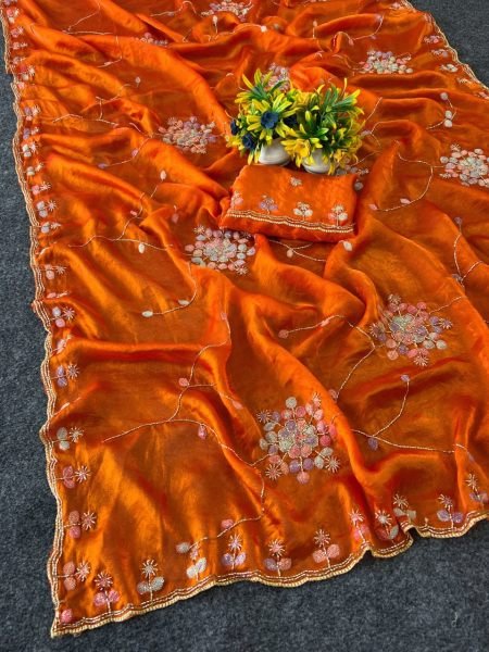 Exquisite Orange Floral Motifs Beads Wok Saree With Unstitch Blouse for Bulk Order Silk Sarees Wholesale