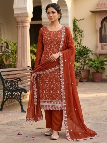Exquisite Orange Vichitra Silk Unstitched Suit with Heavy Sequin Work for Party Wear Dress Material 